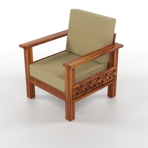 Image of Solid Sheesham Wood 1 Seater Sofa | Modern Wooden Sofa Chair with Upholstered Cushioned Seat & Backrest | Handmade Carved Accent Armchair for Living Room, Bedroom & Office