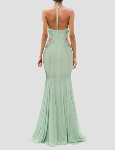 Image of Women's Halter Neck Butterfly Cutout Maxi Dress Backless Slim Fit Mermaid Gown for Beach Vacation Party Elegant Dress