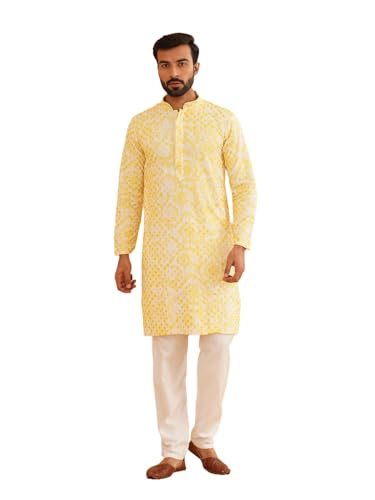 Image of SOJANYA (Since 1958 Men's Cotton Gold Sequinned Kurta with White churidaar Pyjama