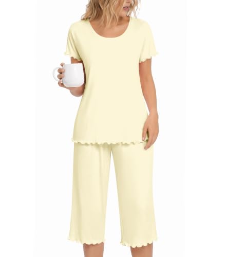 Image of NACHILA Women's Bamboo Viscose Pajama Sets Summer Cooling Short Sleeve Capri Soft Pjs Night Sweats Moisture Wicking Sleepwear