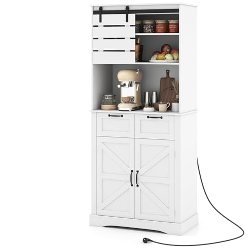 COSTWAY 180cm Tall Kitchen Cupboard, Buffet Pantry Storage Cabinet with Power Outlet, 2 Drawers, Adjustable Shelf & Anti-tipping Device, Freestanding Sideboard Organizer for Home Dining Room