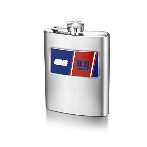 Pro Specialties Group NFL New York Giants 8-ounce Matte Finished Stainless Steel Hip Flask with Rectangular Team Emblem and Funnel Silver, 5 1/4 x 3 3/4 x 7/8