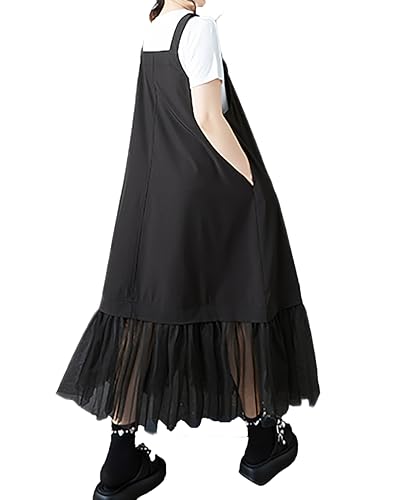 ellazhu Women's Pants Overalls Solid Zip UP Two Side Pockets Tulle Hem Fashion Casual Plus Size Maxi GZ5522