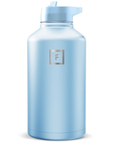 Image of IRON FLASK Camping & Hiking Hydration Flask with Straw, Wide Mouth Insulated Stainless Steel Sports Water Bottle - Morning Mist 64 oz - Straw (1 Lid)