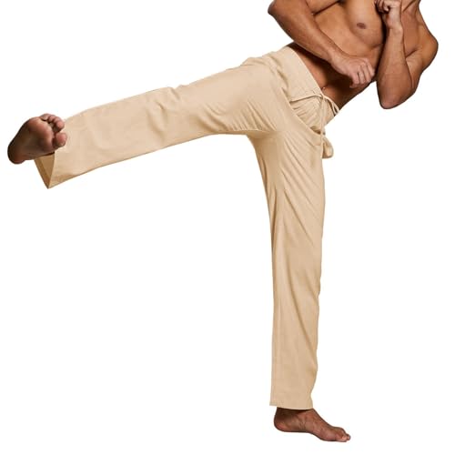 Image of PASLTER Mens Cotton Linen Pants Casual Summer Beach Pants Dress Trousers | Loose Fit, Elastic Drawstring Waist, Lightweight, Straight-Legs, Slacks, Yoga, Work, Vacation, Quick Dry
