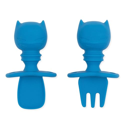 Image of Bumkins Baby Utensils Set, Chewtensils Silicone Spoons for Dipping, Self-Feeding, Baby Led Weaning, Trainer Learning, First Stage Eating, Soft Practice Fork and Spoon, 6 Months, Batman Blue