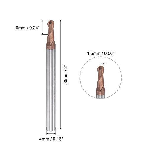 Image of uxcell Ball Nose End Mill 1.5mm Tip Radius Solid Carbide AlTiSin Coated CNC Router Bits 2 Flute Spiral Milling Cutter HRC55 with 4mm Shank 50mm (2-inch) Length