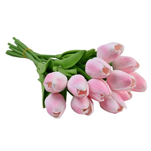 Ziyonix 12 Piezas Flores de Tulipán Artificiales, 35cm Flores Artificiales en Látex, Tulipán Falsas para Ramos de Boda, Flore Falsas para Decoración de Boda Partido Hogar Hotel (Rosa)