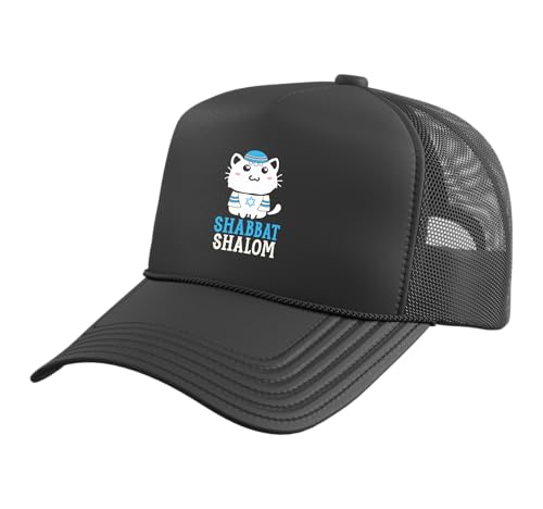 Shabbat Shalom Cat Lover Holy Day Judaism Yom Kippur Trucker Hat with Adjustable Mesh Back, Black