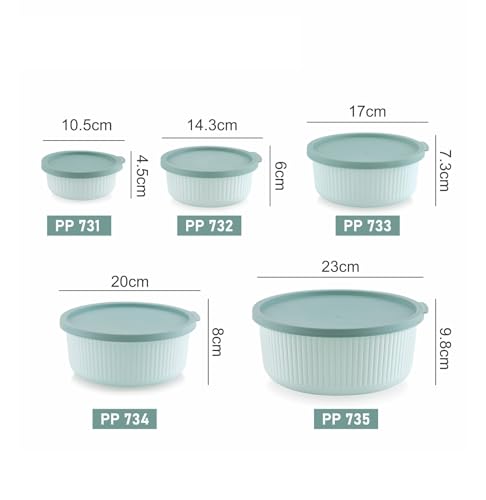 Image of Round Fridge Storage Boxes Set, 5 Piece Plastic Stackable Bowls with Airtight Lids For Kitchen and Freezer Safe Containers - 270ml, 550ml, 1000ml, 1700ml, 2700ml, Mint Green