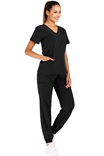 Minty Mint Women's Solid Stretch Medical Uniform Scrub Set V Neck Top Cargo Tapered Jogger Pants - Image 3