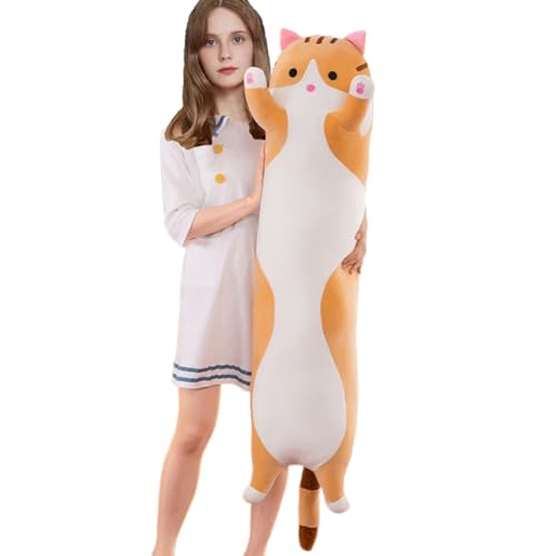 Aiuidun Cuscino lungo in peluche a forma di gatto, morbido cuscino da abbracciare, cuscino imbottito per dormire, regalo per bambini (150 cm, giallo)