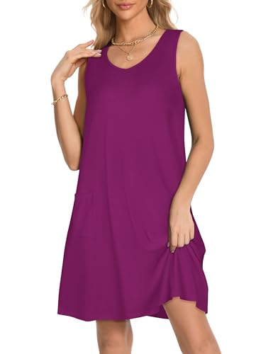 Image of elescat Womens Summer Dresses Casual V Neck Sleeveless Pockets Beach Loose Tank Sundress 2026