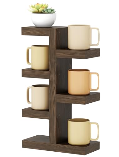 NiHome Coffee Mug Shelf Organizer - Vintage Distressed Wood Countertop Coffee Cup Holder, Holds 7 Mugs, Sturdy Mug Rack with Non-Slip Feet, Mugs Display Shelf, Curio Shelf, Knick Knack Shelf