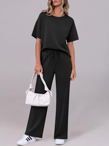 ANRABESS Women's Lounge Sets 2 Piece Outfits Summer Casual Short Sleeve Sweatsuits Matching Tracksuits Wide Leg Pant Set2