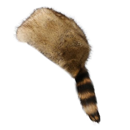 Altsuceser Cossack Style Faux Fur Raccoon Tail Coonskin Cap, Round Flat Top Boone Hat Raccoon Tail Hats for Winter Light Brown