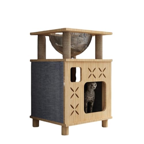 小型猫ケージ 2層木製フレーム 天然防汚素材 おしゃれ猫ハウス 猫別荘シート (ナチュラル,E)