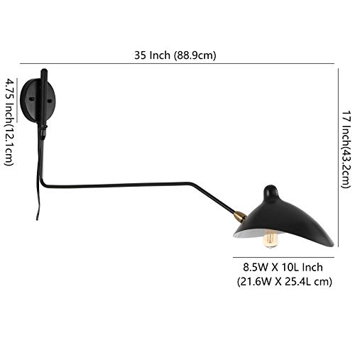 Image of JONATHAN Y Frank 1-Light Wall Sconce Swing Arm Metal 35 inch, Black /Brass Gold | Mid-Century Modern, Adjustable Bowl Shade, Retro, Plug-In, Down Light, LED Bulb Included
