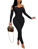WOKANSE Women's Sexy Long Sleeve Ruched Skinny Bodycon Party Rompers Outfits One Piece Long Pants Jumpsuits Black L
