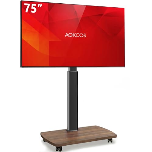 AOKCOS Rolling TV Stand for 43 50 55 60 65 70 75 Inch TVs, Portable Mobile TV Stand on Wheels, 10-Level Height Adjustable TV Cart with Swivel & Tilt Mount for Bedroom/Living Room/Office/Corner