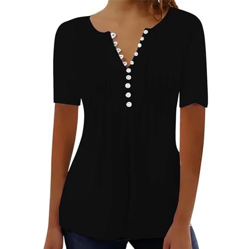 Early Day-Prime-Deals Today 2025 Summer Tops for Women 2025 Trendy Boho Floral Print Tunic Shirts Short Sleeve Button v Neck Tshirt Casual Loose Blouse 1-Black Boutique Tops for Women Medium