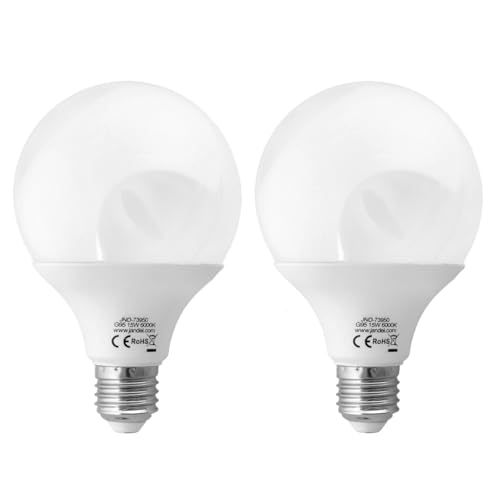 JANDEI, 2 x Globe LED Bulb, G95 E27 Screw, 15W (Equivalent to 100W) Cold White Light 6000K, 1200 Lumens, Living Room, Home