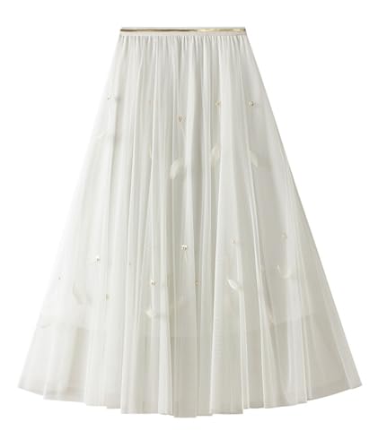 Women's Fashion Pleated Tulle Skirt Casual Elastic Waisted A Line Layered Mesh Flowy Fairy Skirts