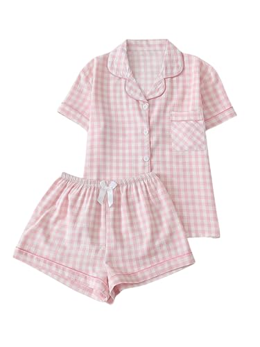 Verdusa Women's Plaid 2 Piece Cute Pajama Sets Short Sleeve Button Down Shirts with Shorts Loungewear