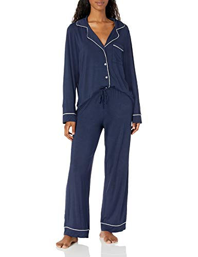 Barefoot Dreams Women's Luxe Milk Jersey Piped Pajama Set, Indigo, Medium