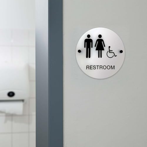 Frosted Designer ADA Unisex Restroom Sign / 9" Round Gender Neutral Bathroom Sign With Braille And Handicap Symbol/Chic Translucent Sign With Stand Off Mounts/Made In The USA by SBLABELS - Used condition - Image 3