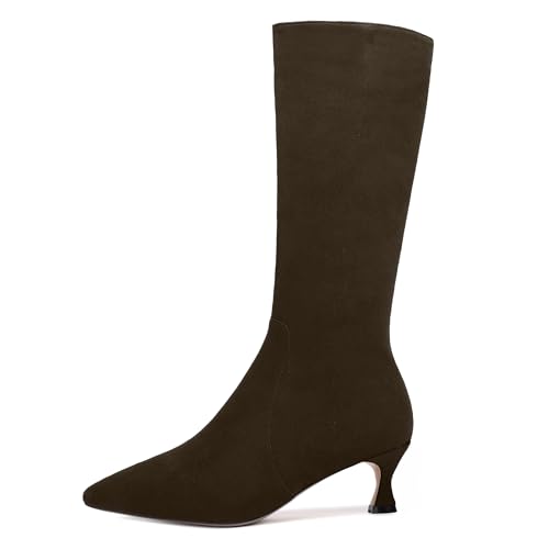 FEMSTEP Womens Sexy Suede Pointed Toe Party Zip Kitten Low Heel Knee High Boots 2 Inch2