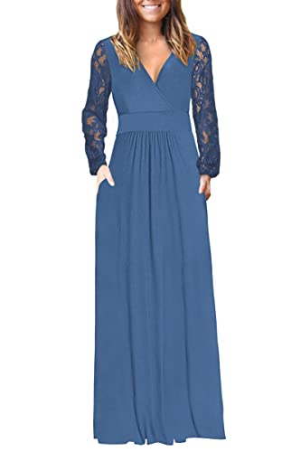 Image of AUSELILY Womens Long Sleeve Maxi Dress 2026 Fall Lace Long Sleeve Dress V Neck Wrap Waist Long Dresses with Pockets