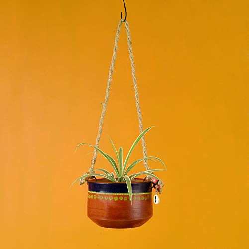 Image of AAKRITI ART CREATIONS Terracotta Hanging Planter | Blue & Brown Earthen Design with Jute Hanger, Modern Art, Matte Finish | Decorative Hanging Pot for Indoor & Outdoor Home Decor