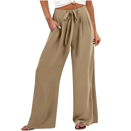 Linen Pants Women Wide Leg High Waisted Palazzo Pant Casual Business Flowy Summer Beach Vacation Trousers with Pocket