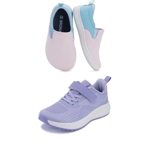 BRONAX Little Kids Wide Tennis Walking Shoes for Girls Pink Purple Size 13