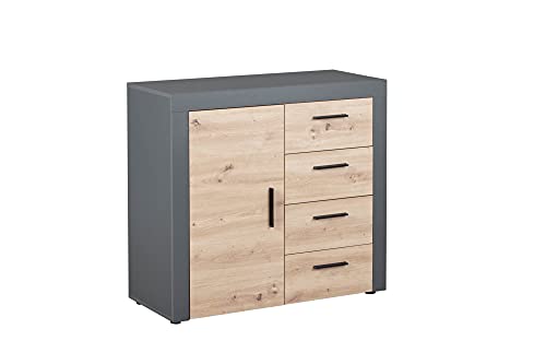 Inter Link – Kommode – Sideboard – Moderne Kommode mit viel Stauraum – 1 Tür – 4 Schubladen – Für Esszimmer – Wohnzimmer – Eingang – Corbeto 1T4SB - Eiche Artisan/Anthrazit