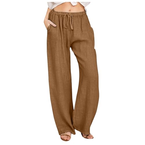 Women's Cotton Linen Pants Casual Lightweight Summer Pants Drawstring Elastic Waist Straight Leg Pants with Pockets