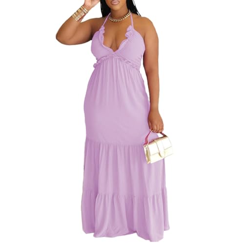 Image of TOPSRANI Womens Sleeveless Maxi Dress Halter Casual Backless Smocked Tiered Ruffle Flowy Sexy Slip Sling Strap Dresses