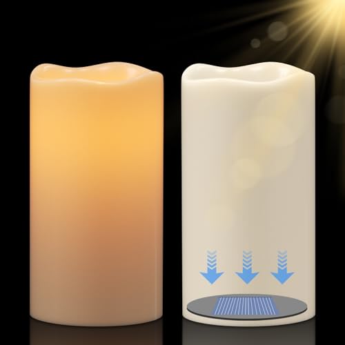 Eldnacele Solar LED Kerzen für Außen SolarKerzen Outdoor Wasserdichte Solarleuchte Akku Campinglampe Flammeneffekt Flackerlicht Dämmerungsschalter Set mit 2 Stück (Ø7.5 x 15 cm Creme)