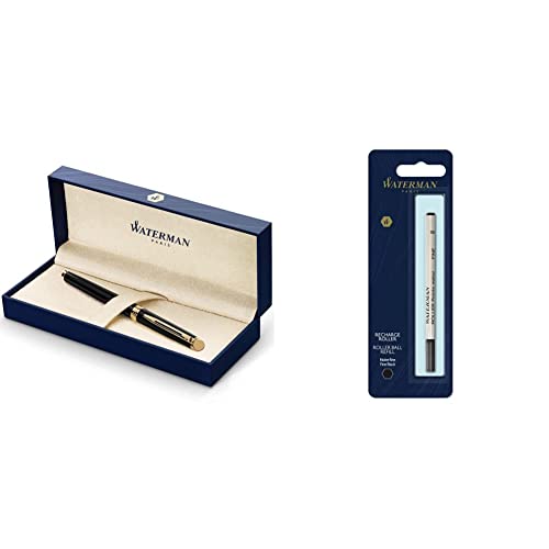 Waterman Hémisphère stylo roller | noir brillant avec attributs or fin 23K | pointe fine | encre noir | coffret cadeau & recharge d’encre pour stylo roller | pointe fine | encre noire | 1 recharge