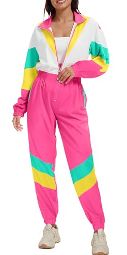 UOUA 80er-Jahre-Outfit für Frauen 94er-Jahre-Kostüm Jumpsuits Langarm Windbreaker Einteiliger Party-Trainingsanzug Rosa Weiß XL