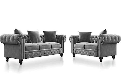 Image of A to Z Furniture Classic 3+2=5 Seater Luxury Chesterfield Sofa in for Home Living Room & Office (Velvet Grey, 5- to 6-Person Sofa)