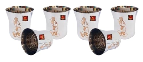 Image of TANISHI KITCHEN'S Stainless Steel Mickey Character Small Drinking Glass for Water /Milk- Set of 6, 100ml Each | Kid-Friendly Cartoon Steel Drinkware | Break-Resistant & Dishwasher Safe