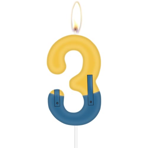 iNINGER Yellow Blue Theme Candles,Number 3 Party Candles,Yellow Jeans Cartoon Happy Birthday Theme Decoration,Cartoon Birthday Baby Shower Party Decoration