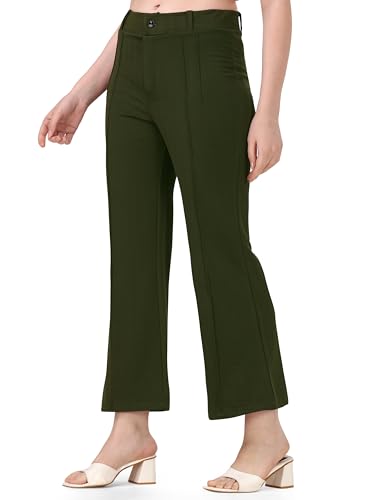 Image of Mehrang Cotton Blend Bootcut Parallel Trouser Pants for Women Regular Fit, Bellbottom Straight Pants for Womens