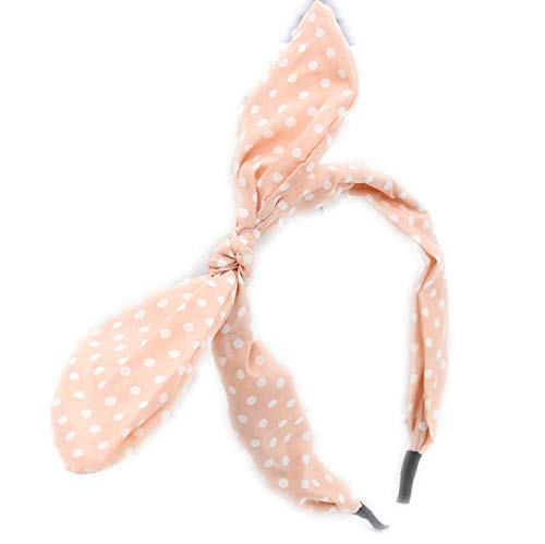 Boho Wide Ribbon Bowknot Alice Headband Hairband Bunny Rabbit Ears Wire Bendy Bow (Polka Dot Pink)