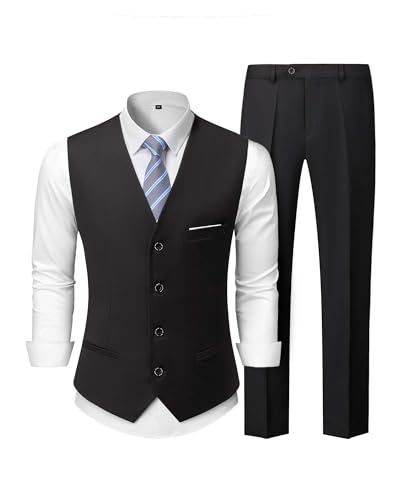Men's 2-Piece Suit, Vest Pants Set for Men, Casual Waistcoat Trouser with Tie for Prom Wedding Homecoming