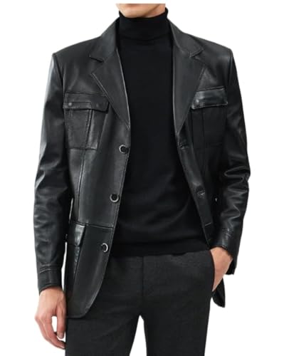 Black Leather Blazer Men Slim Fit Vintage Black Blazer Men Casual Lambskin Black Leather Coat