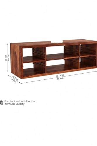 Image of Solid Sheesham Wood TV Unit with 6 Adjustable Shelves Storage - Elegant Wooden TV Unit for Living Room | Fits up to 60-inch TV - Solid Living Room Furniture (John, Honey Finish)