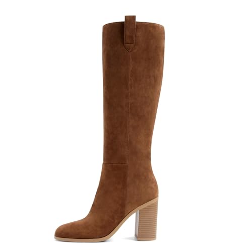 ZJGZF Brown Knee High Boots for Women Suede Leather Tall Boots Slouchy Chunky Block High Heel Boot...